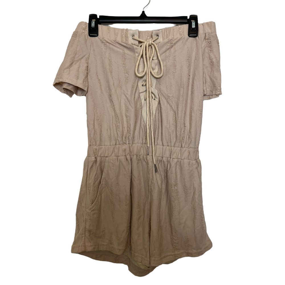 Essue Tan Romper Off Shoulder Distressed Small